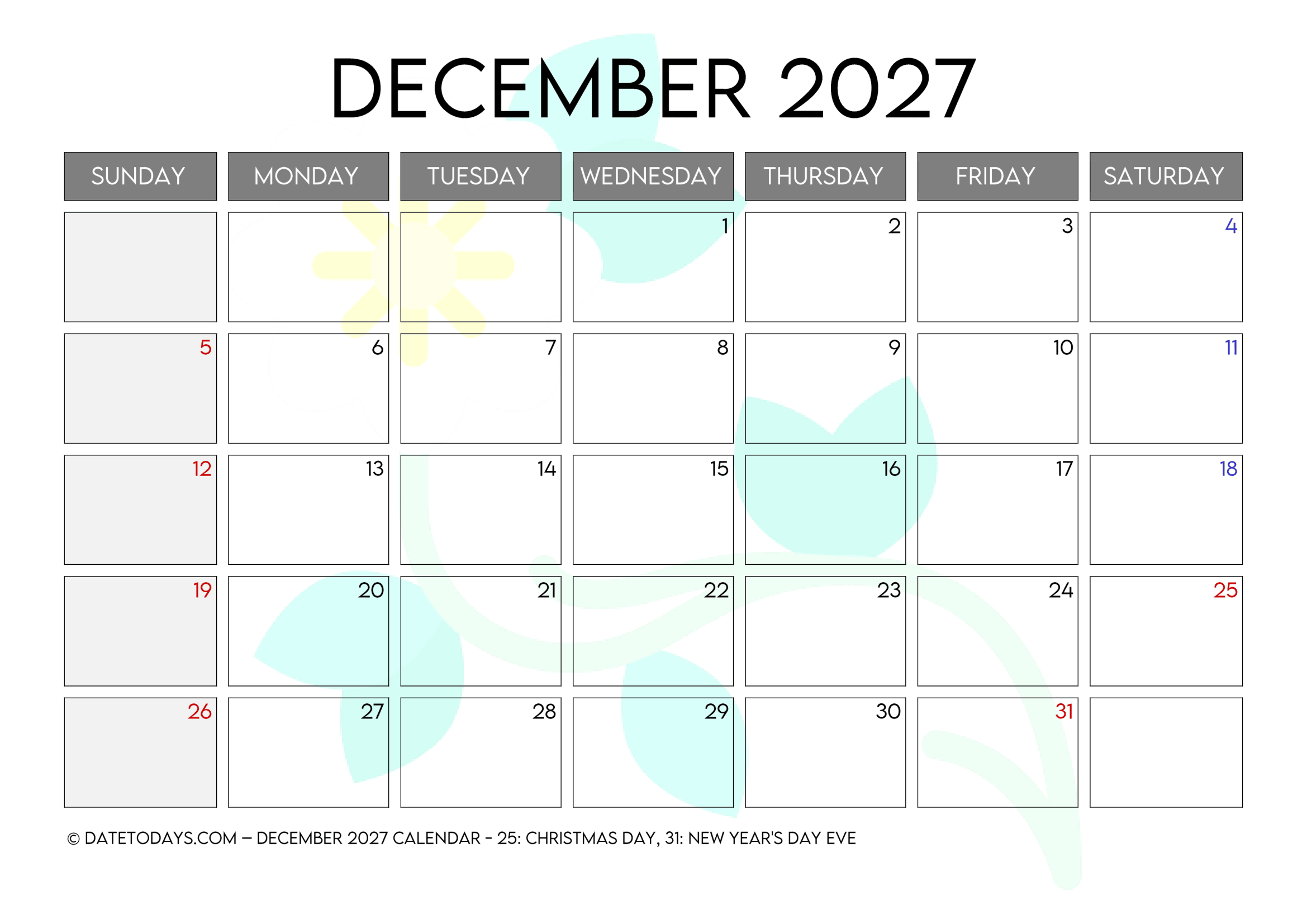 December 2027 Calendar Printable