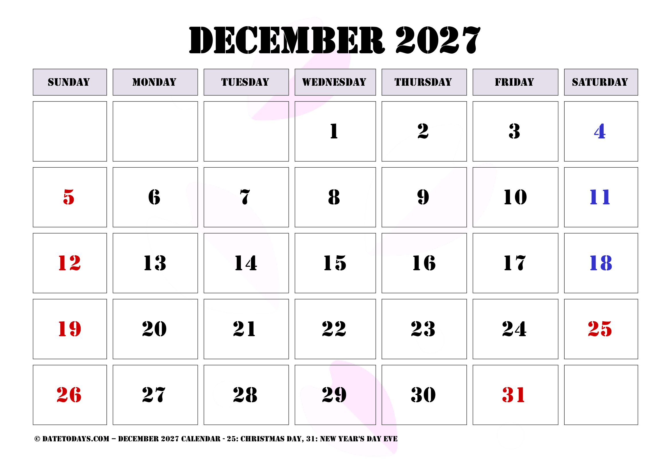 December 2027 Calendar with Holidays