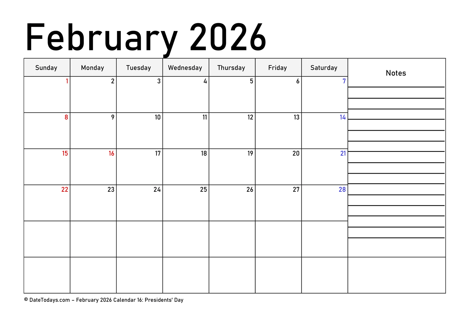 February 2026 Calendar with Note