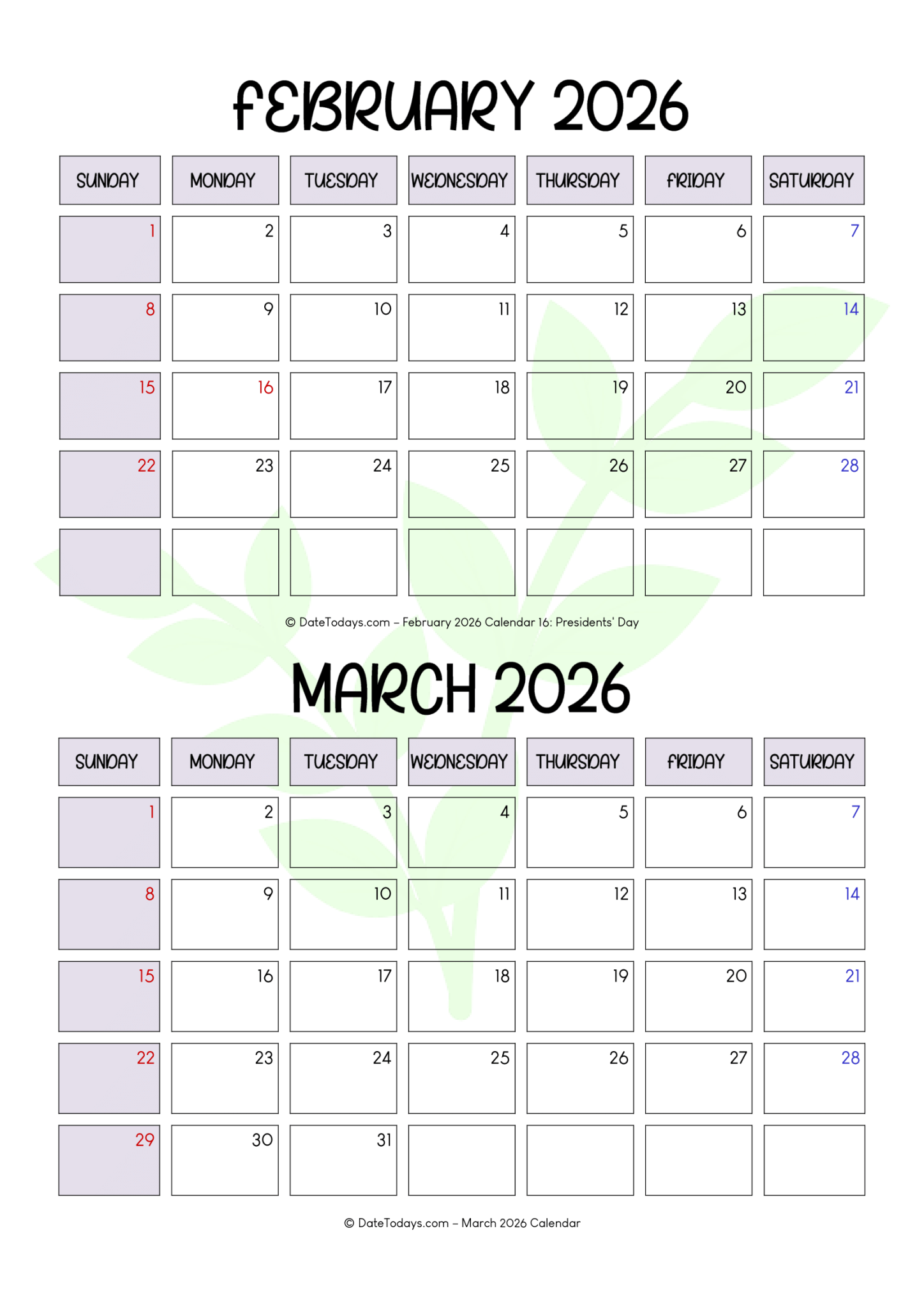 February March 2026 Calendar Printable PDF 2 Month Calendar