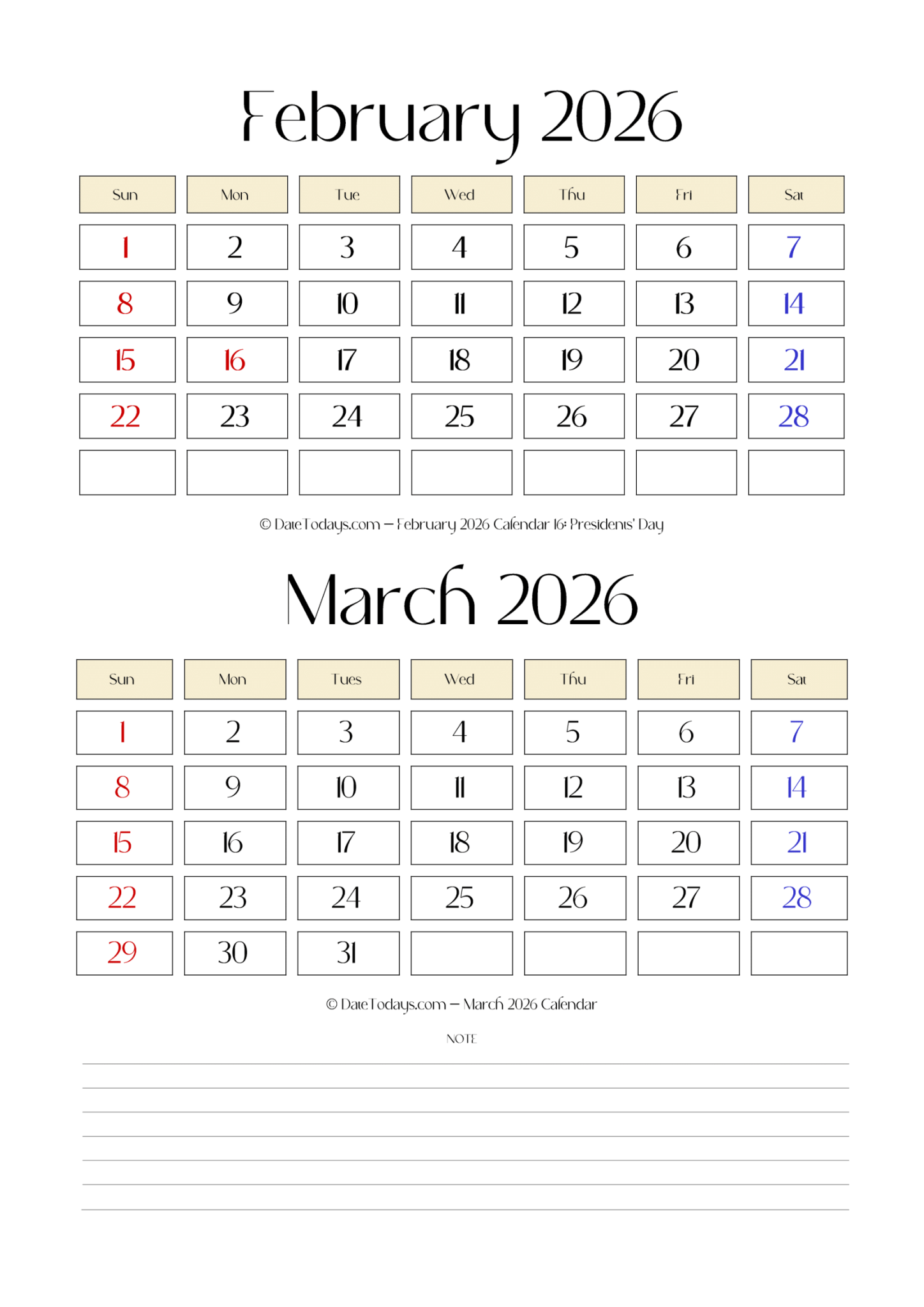 March April 2026 Calendar Printable PDF 2 Month Calendar