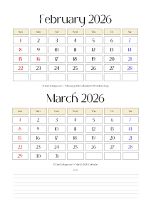 February March 2026 Calendar Printable PDF - 2 Month Calendar