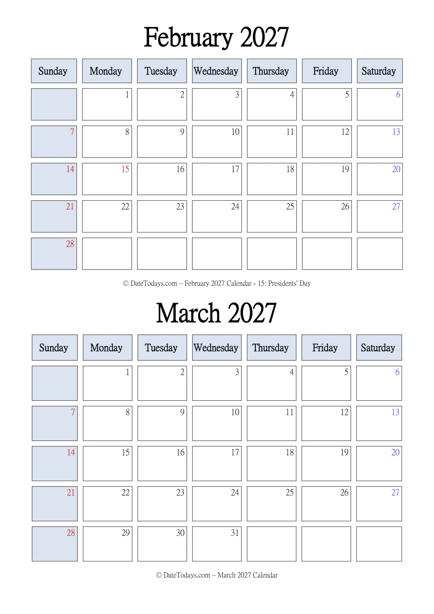 February March 2027 Calendar - Date Today's