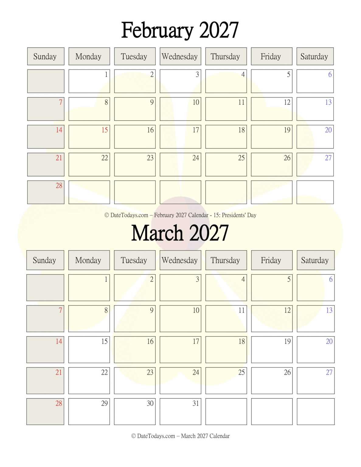 February March 2027 Calendar - Date Today's