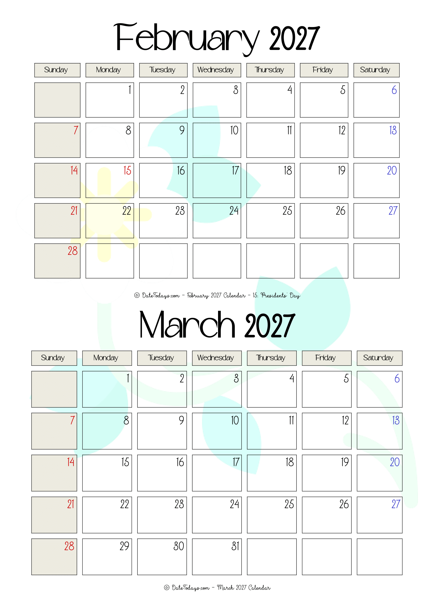 February March 2027 Calendar Printable