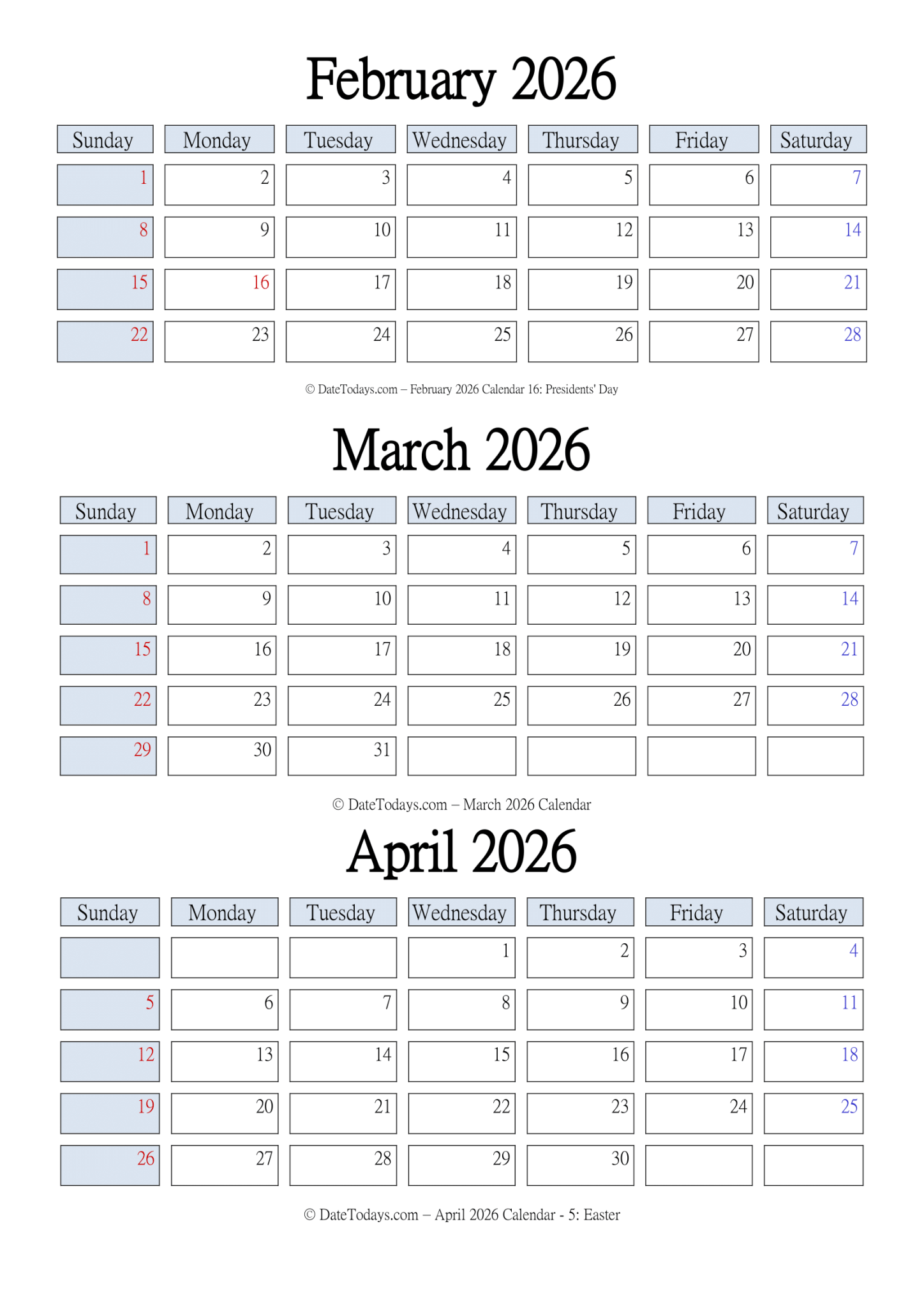 February March April 2026 Calendar Printable
