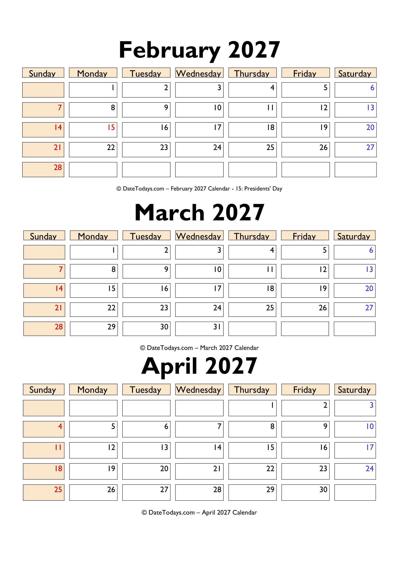 February to April 2027 Calendar