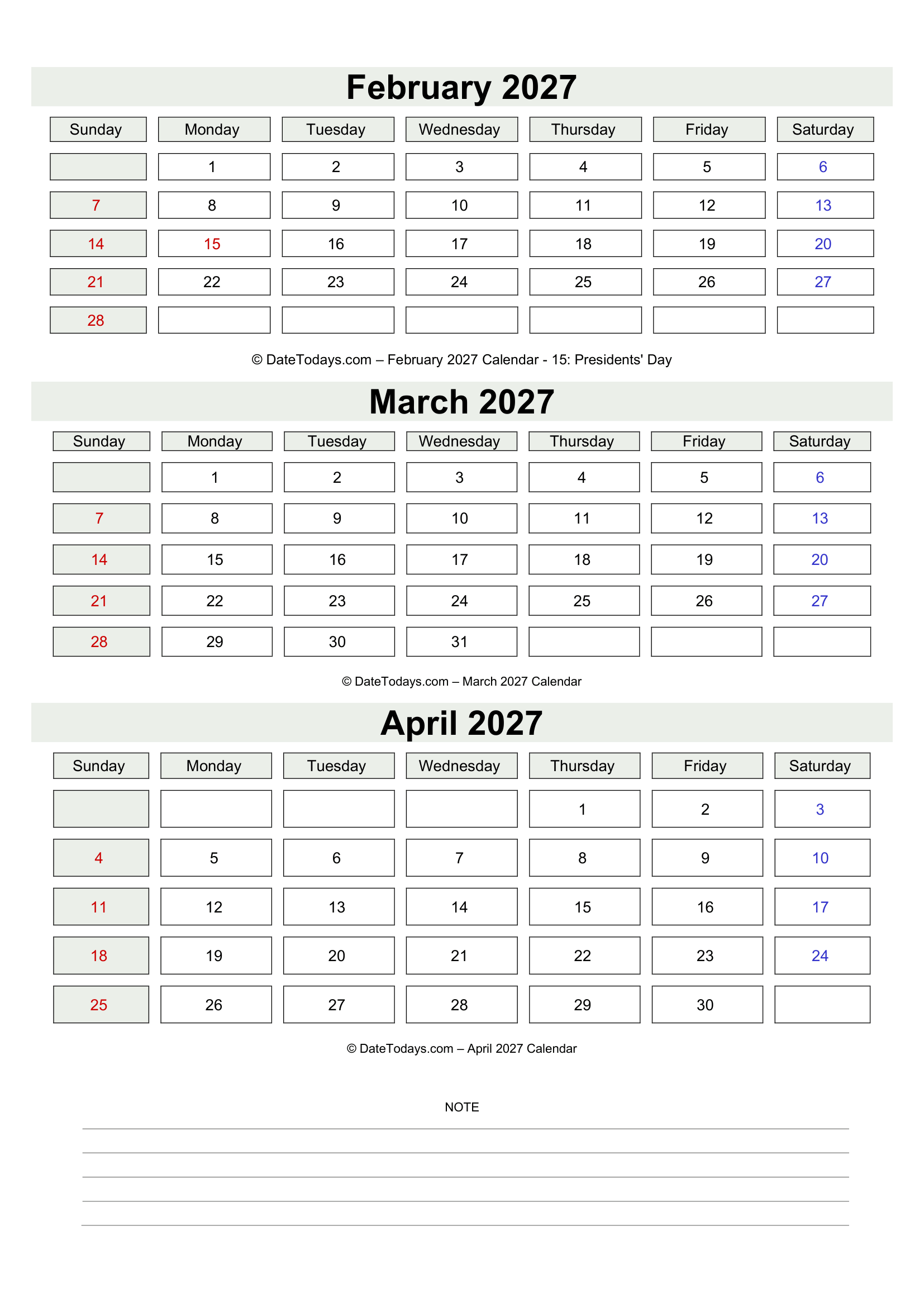 February March April 2027 Calendar with Notes
