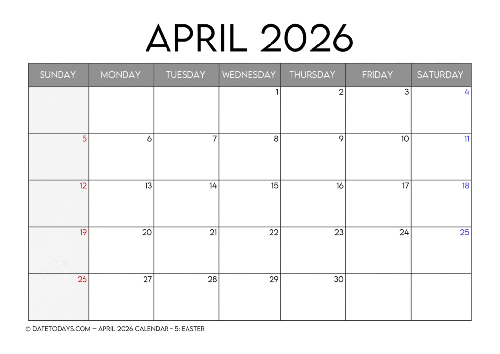 Printable April 2026 Calendar with Holidays Printable PDF