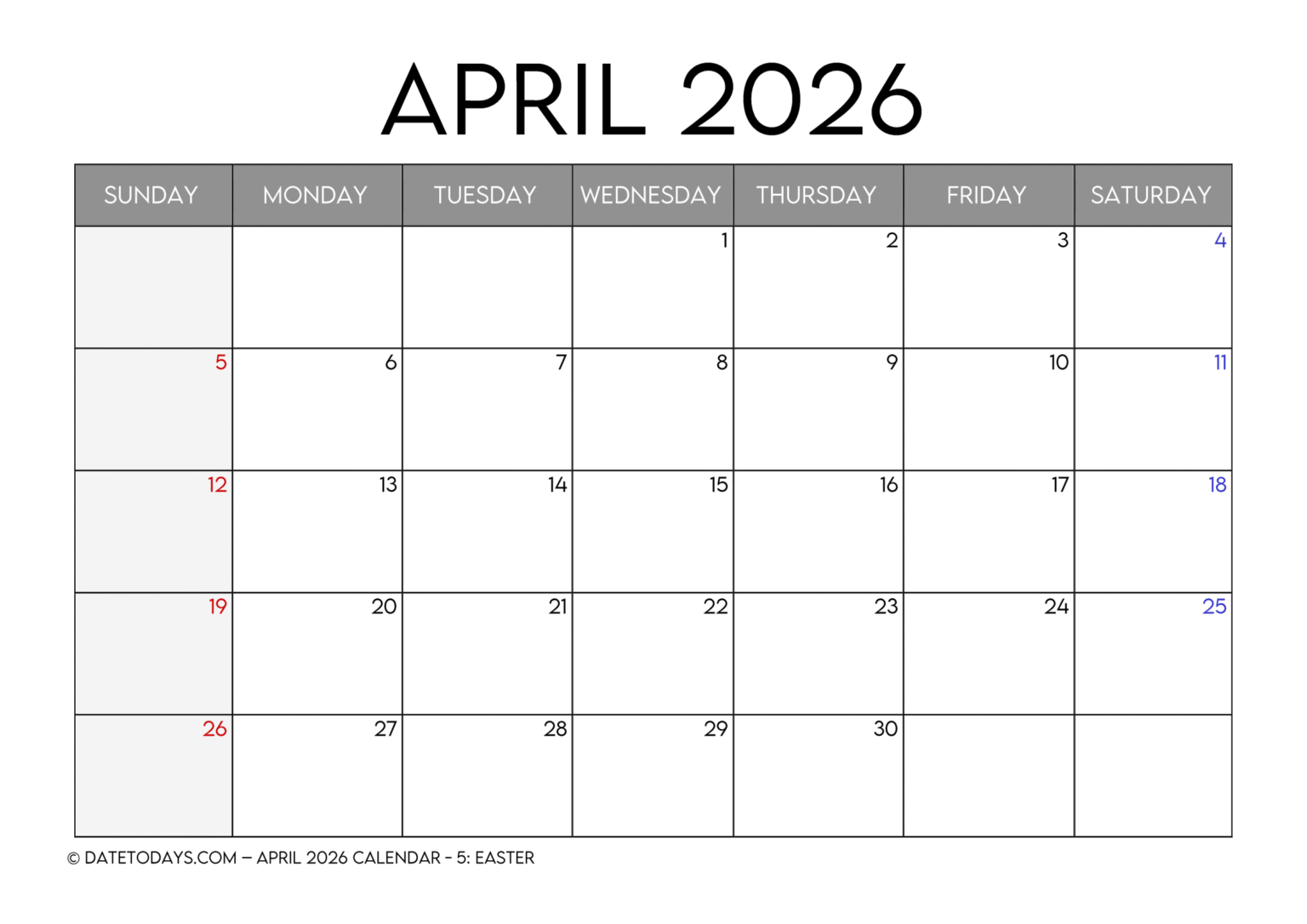Printable April 2026 Calendar with Holidays Printable PDF