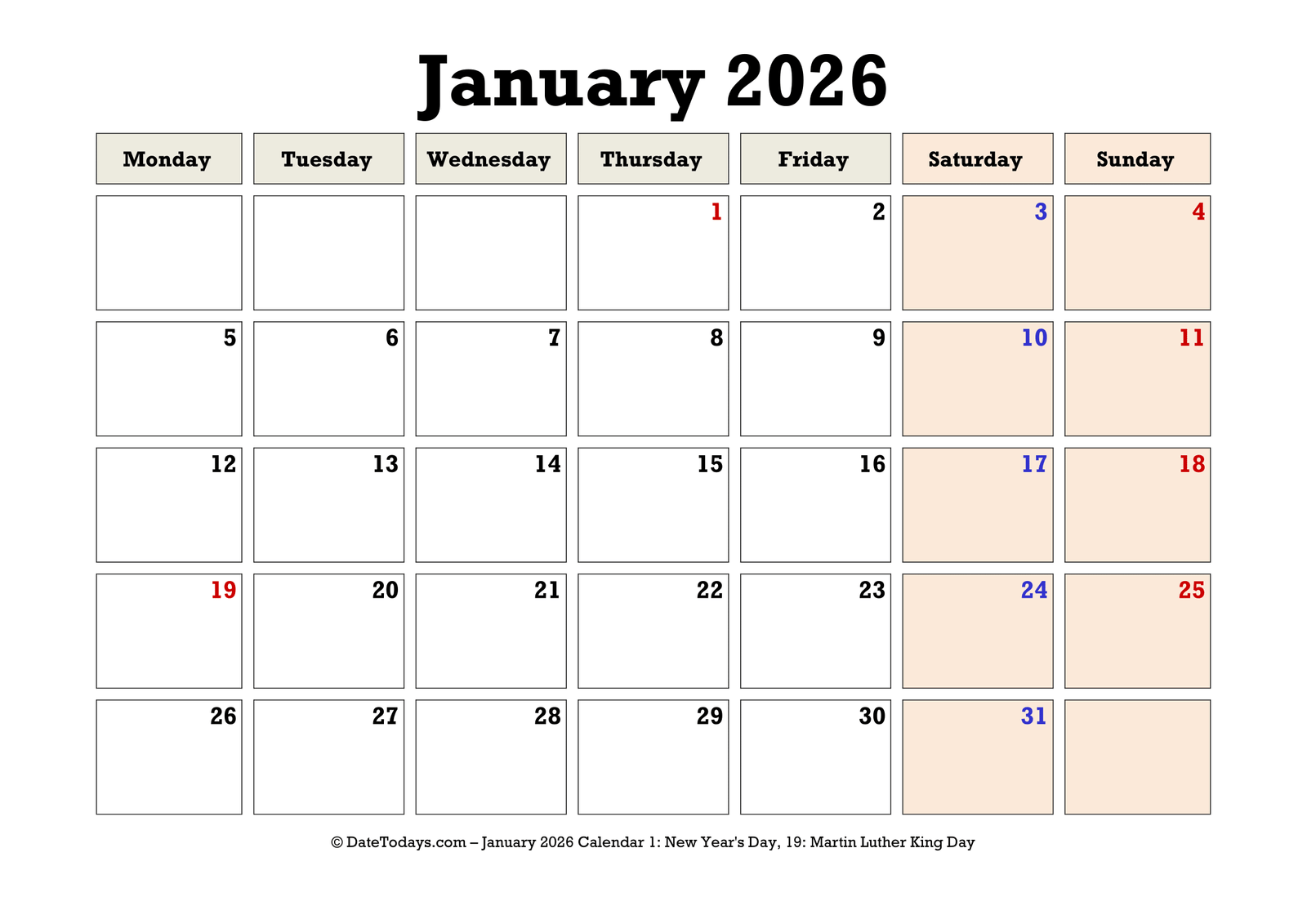 January 2026 Calendar Monday Start