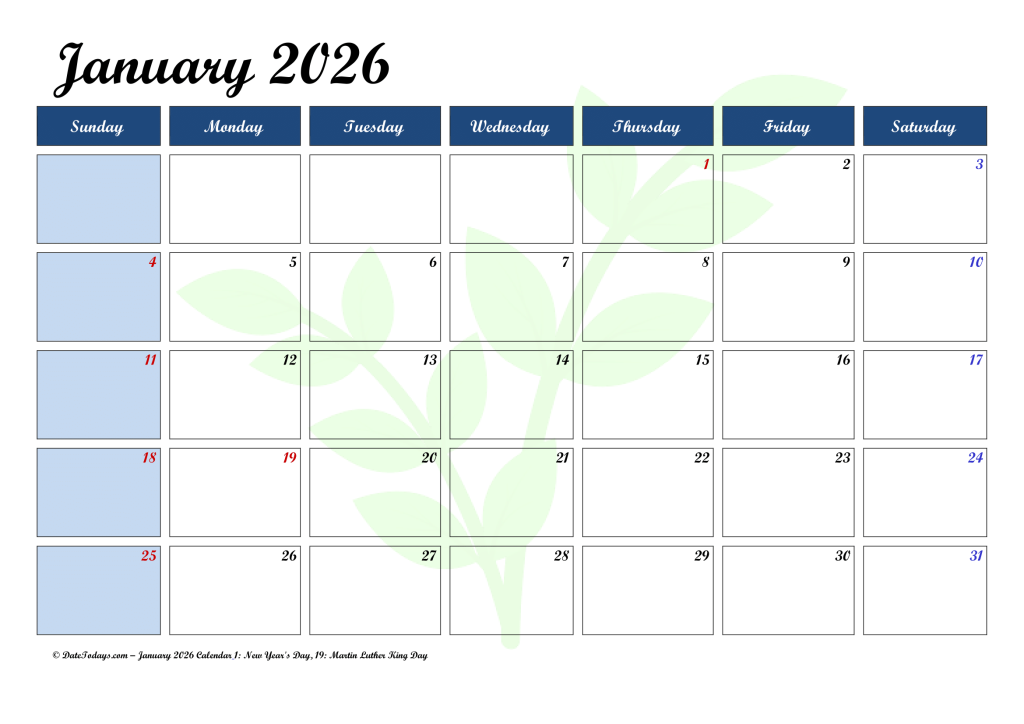 January 2026 Calendar Printable PDF with Holidays