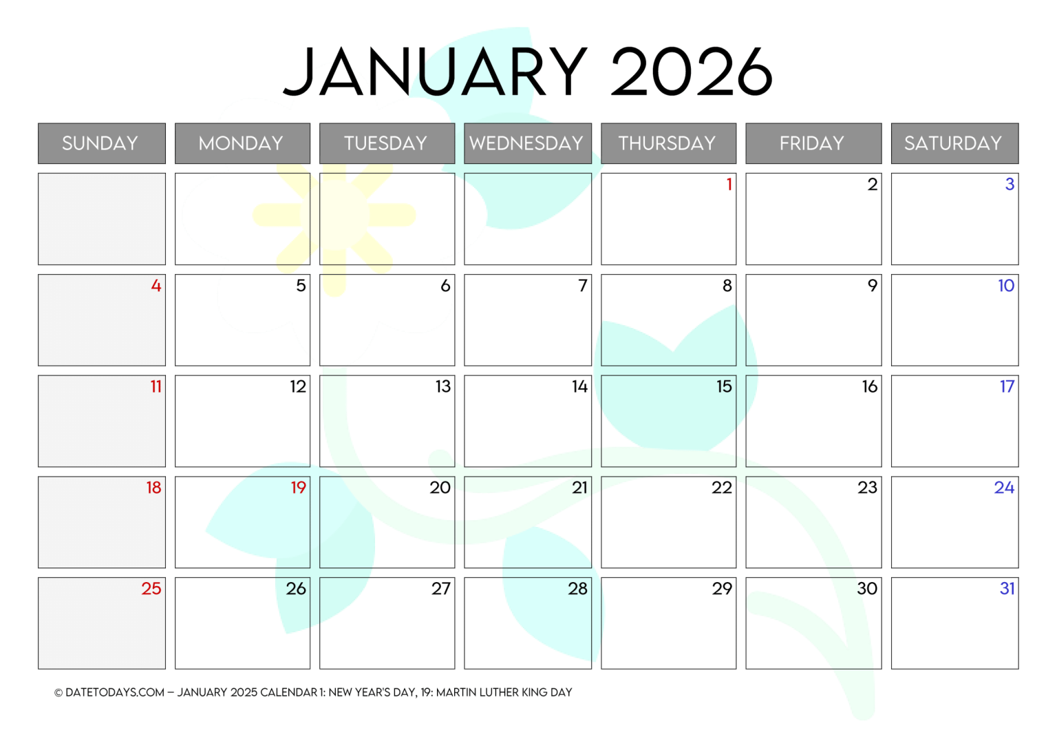January 2026 Calendar Printable PDF with Holidays