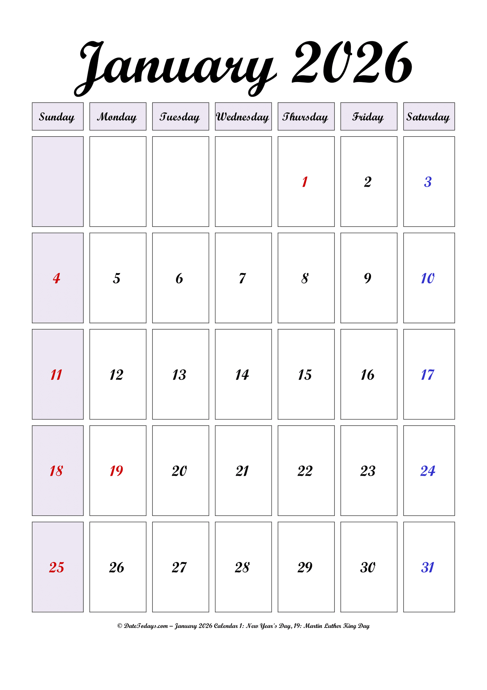 January 2026 Calendar Printable Italic Cute Font