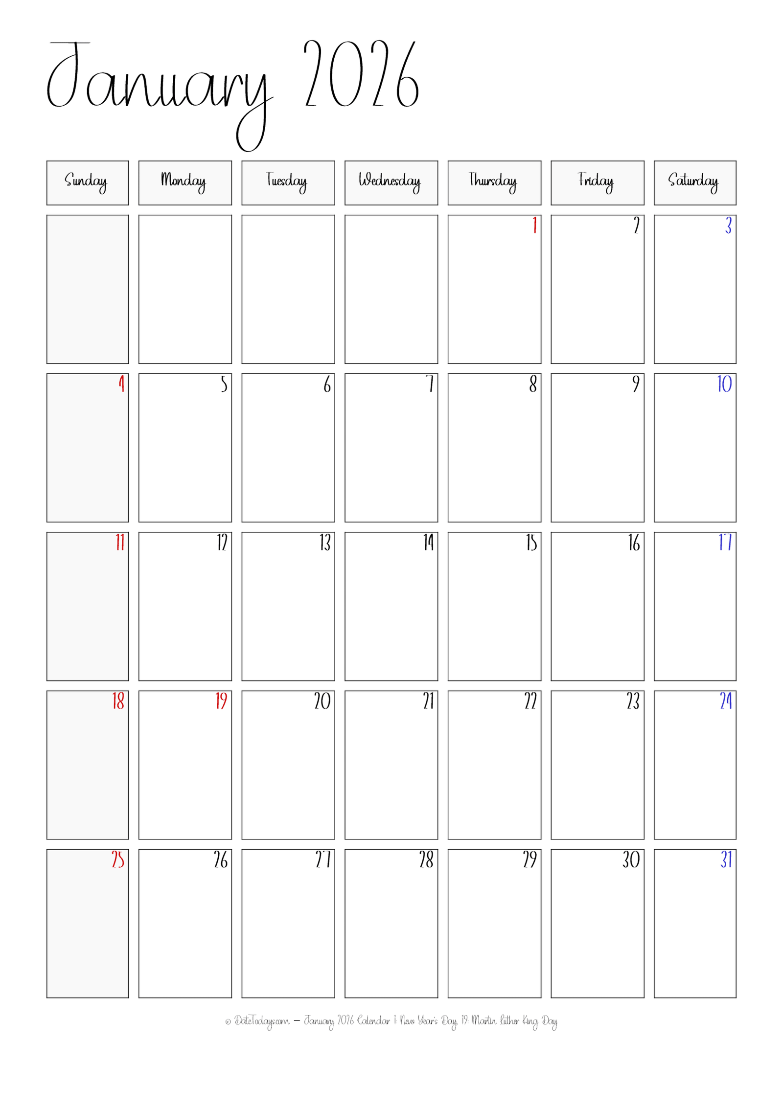 January 2026 Calendar Printable Italic