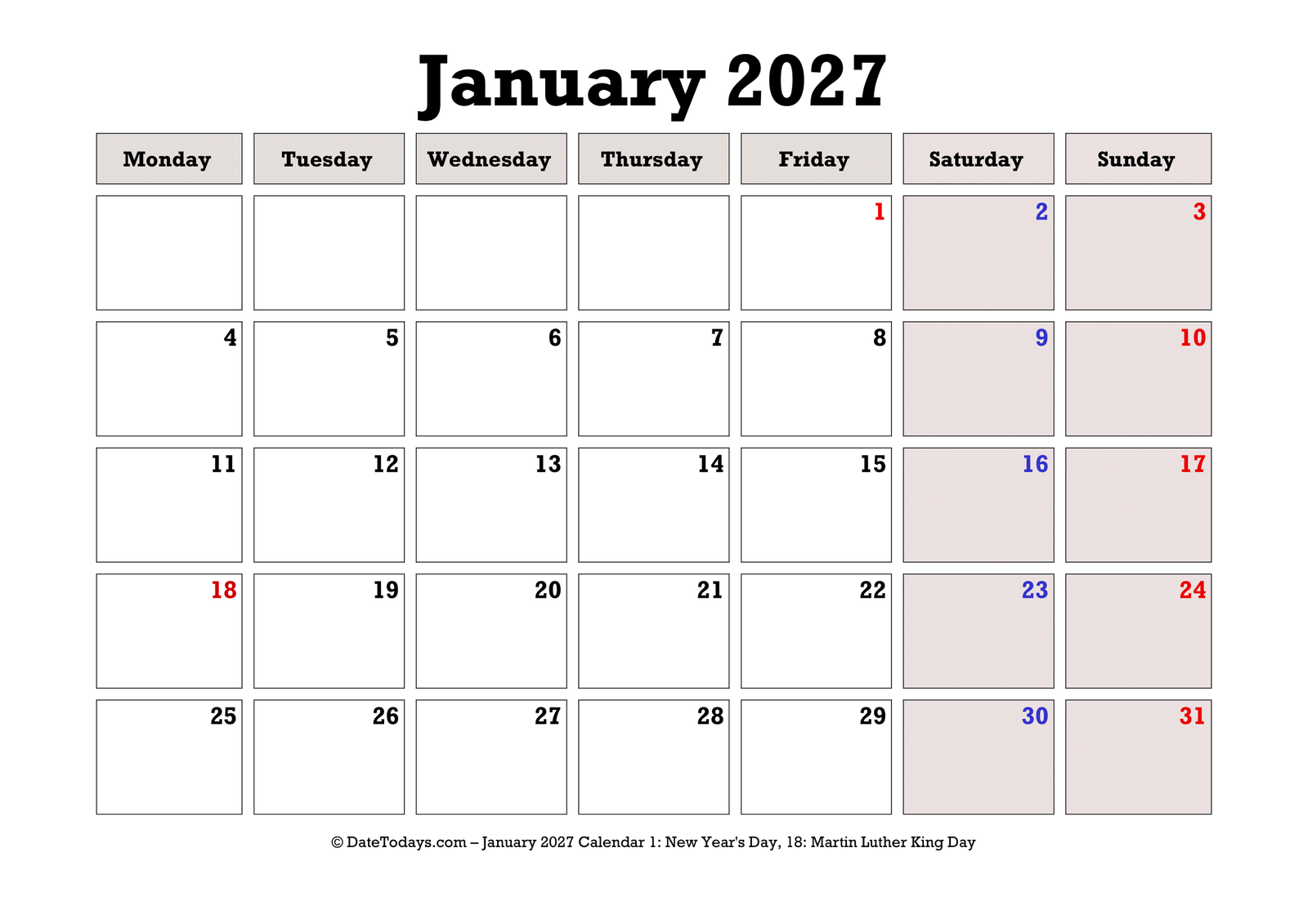 January 2027 Calendar Monday Start