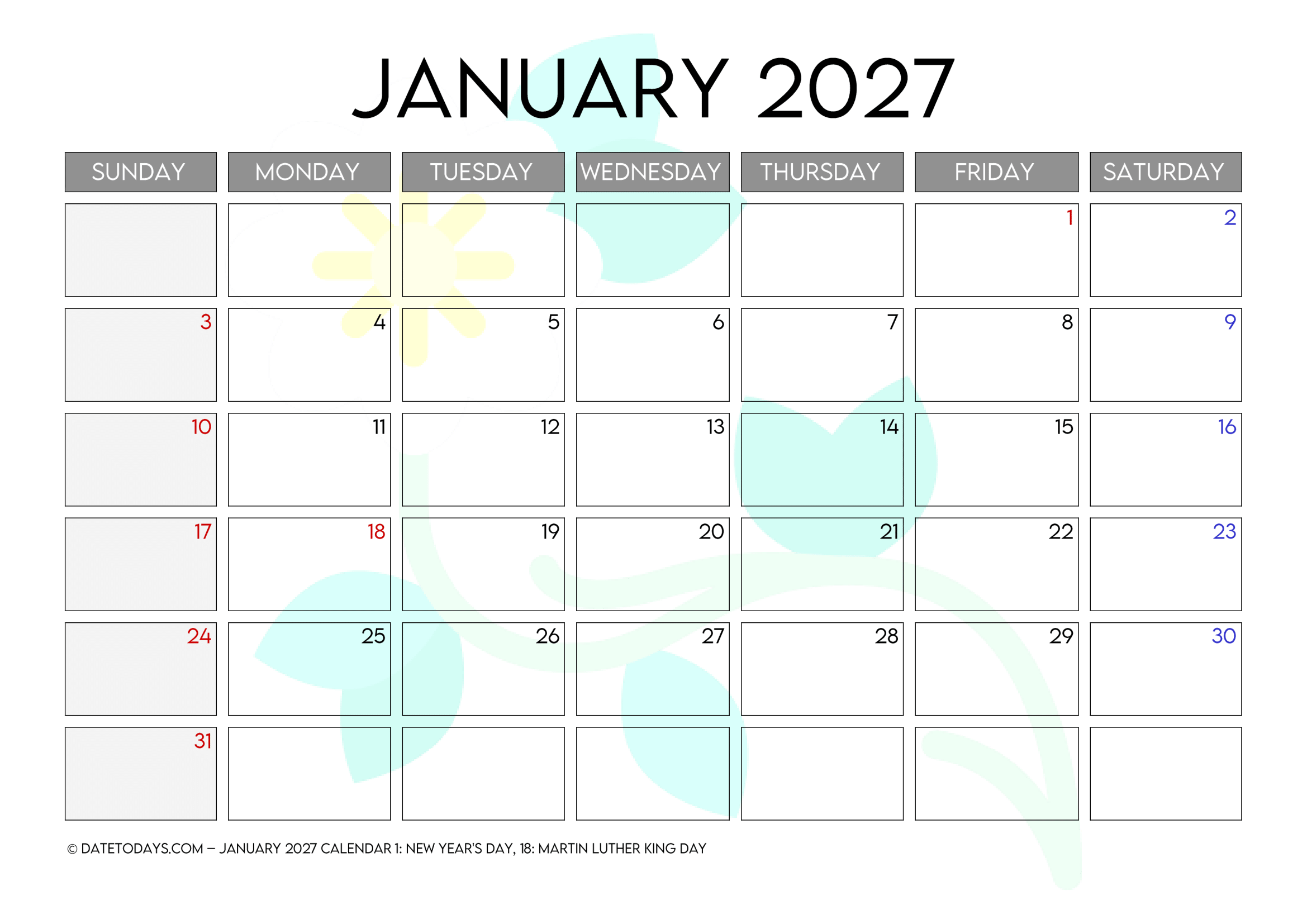 Printable January 2027 Calendar with Holidays