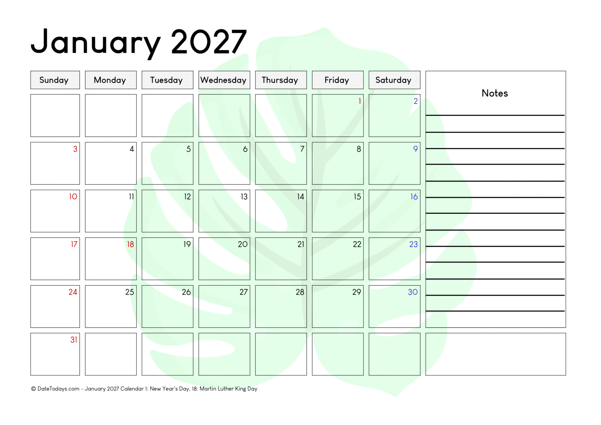 Printable January 2027 Calendar with Holidays