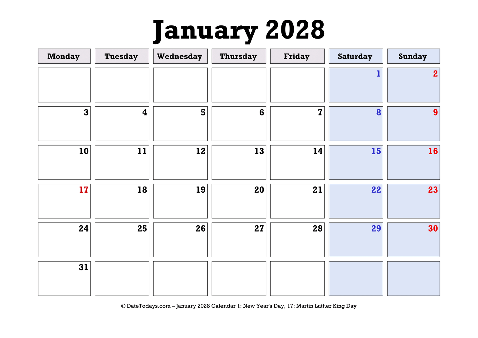 January 2028 Calendar Monday Start