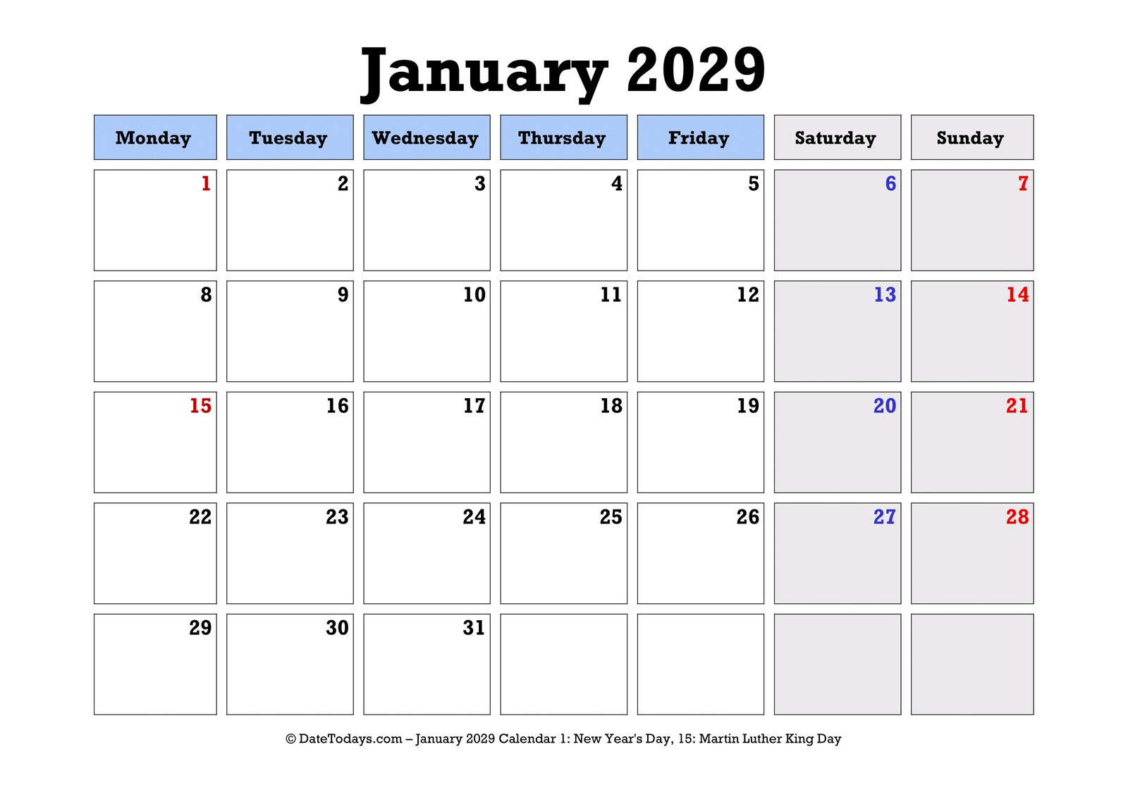 January 2029 Calendar Monday Start