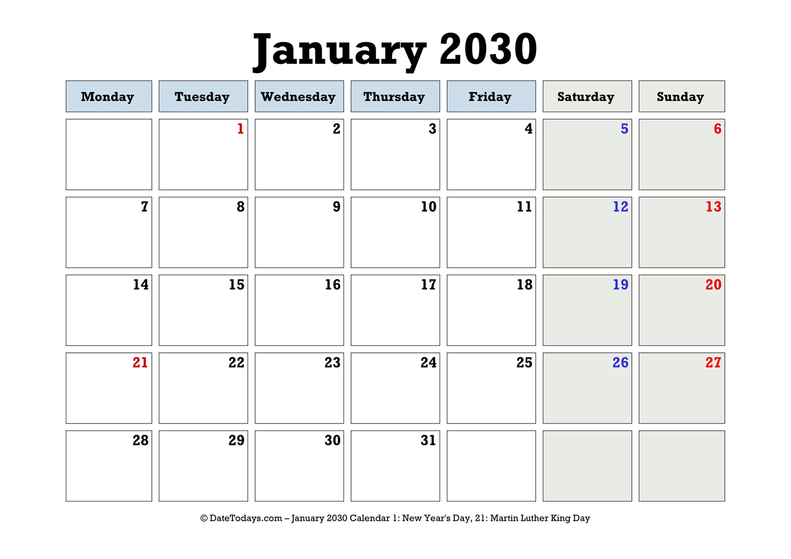 January 2030 Calendar Monday Start