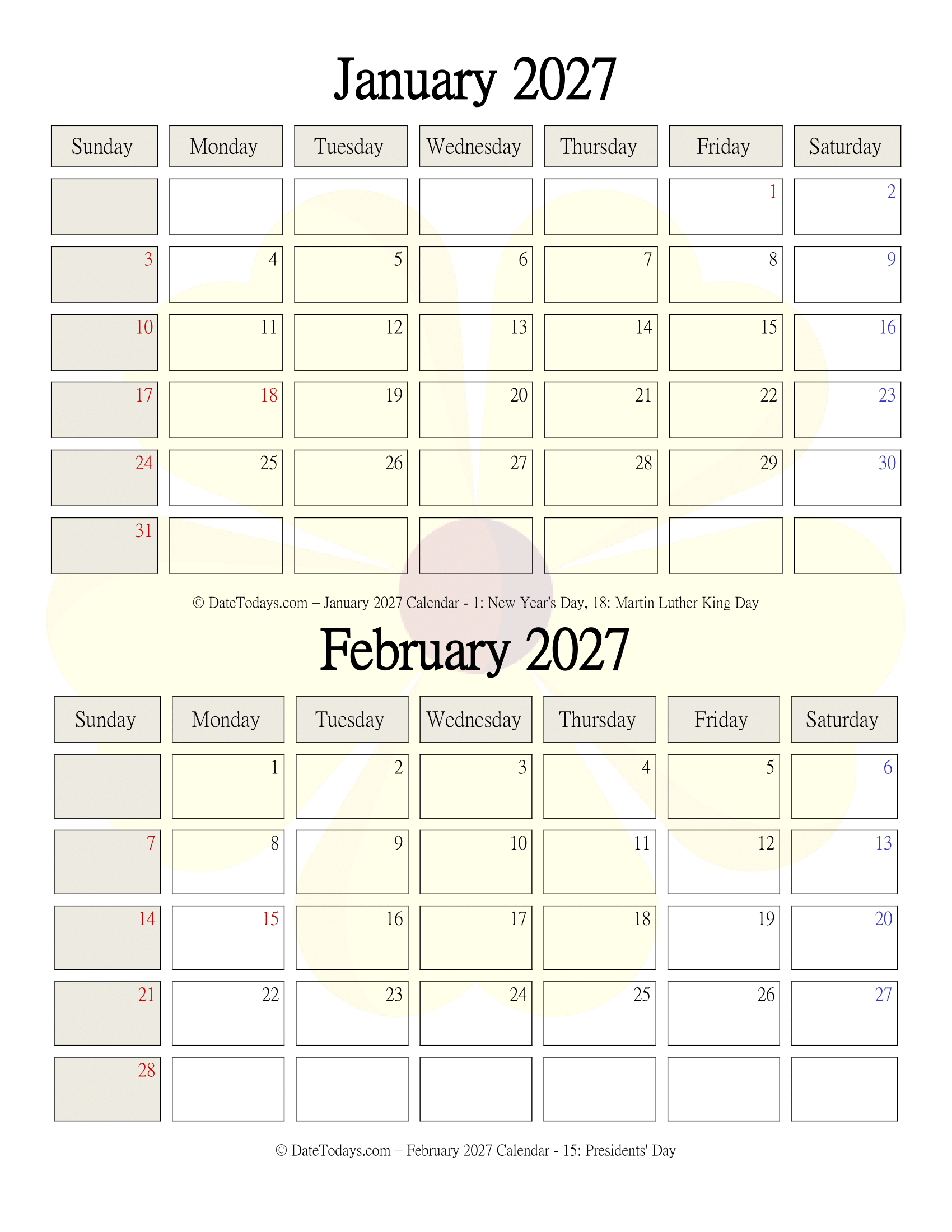 January February 2027 Calendar Free