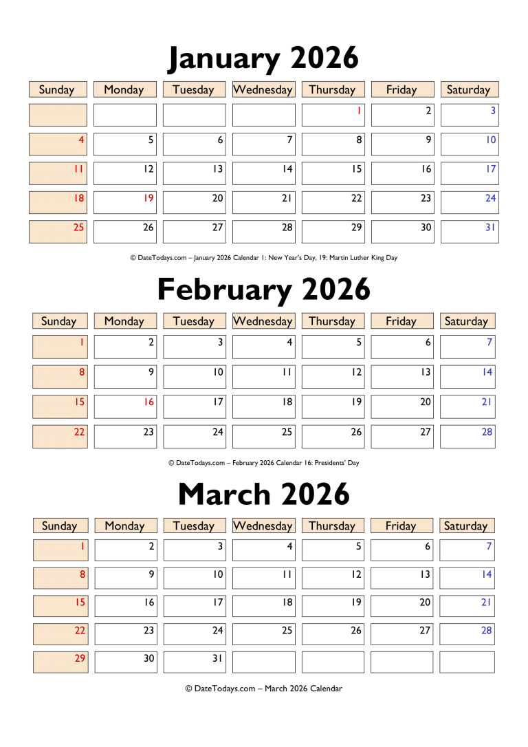 January February March 2026 Calendar Printable