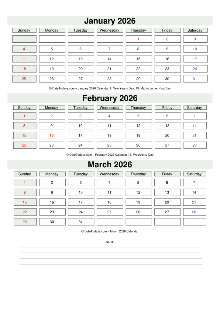 January February March 2026 Calendar Printable