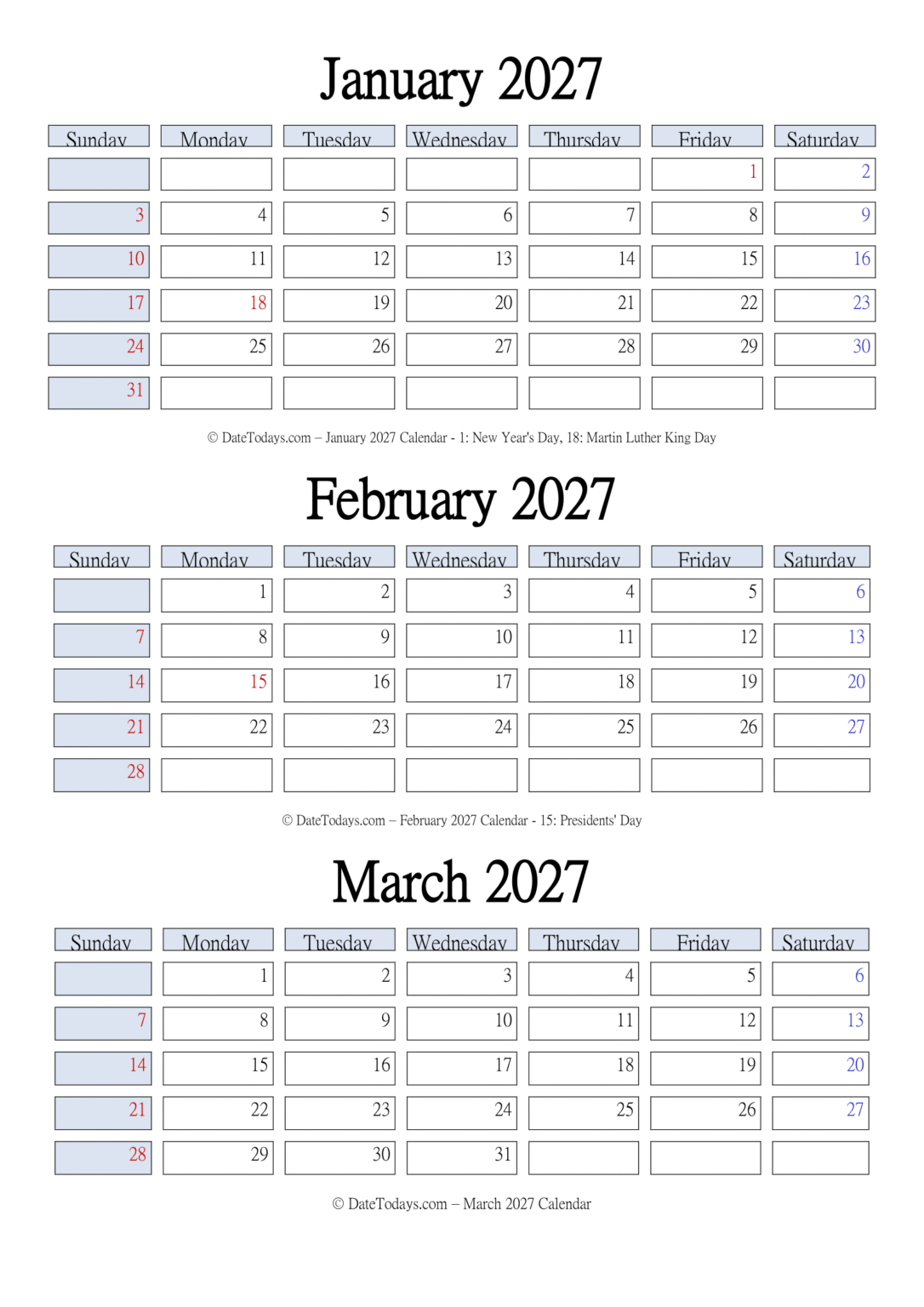 January February March 2027 Calendar Printable with Holidays