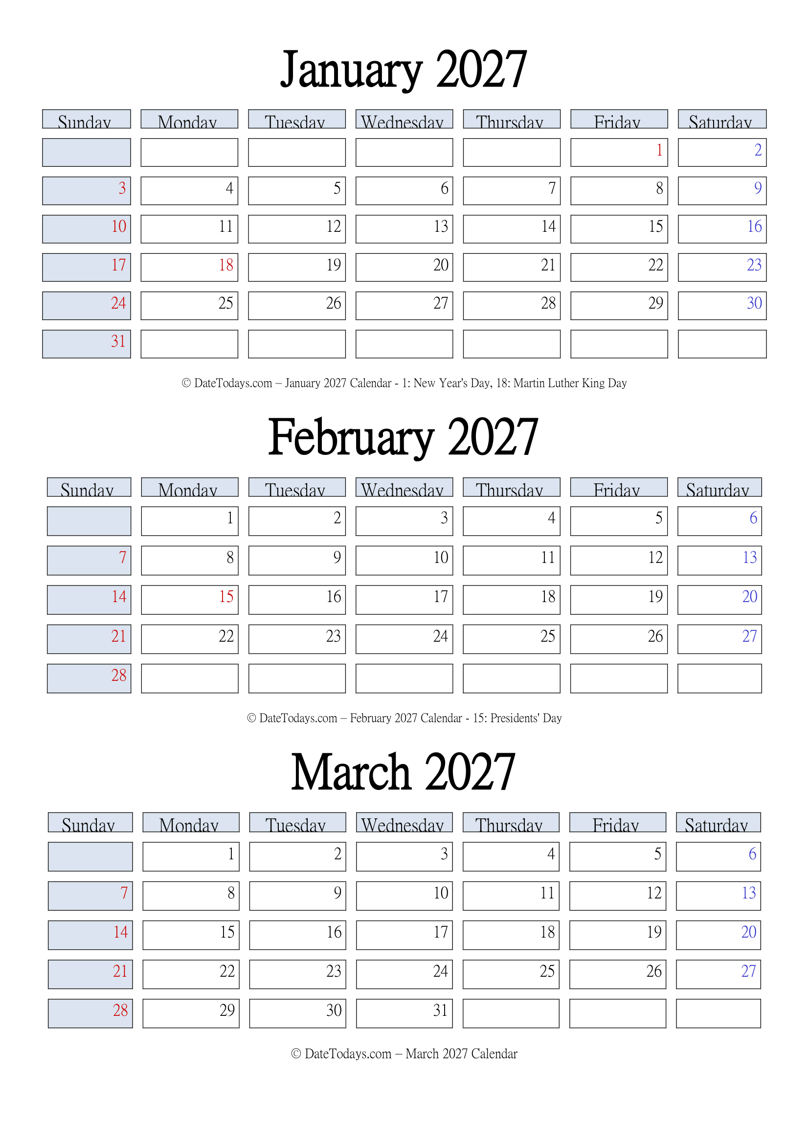 January February March 2027 Calendar Free