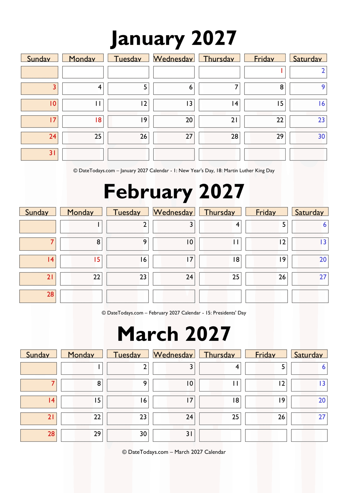 January February March 2027 Calendar Printable with Holidays