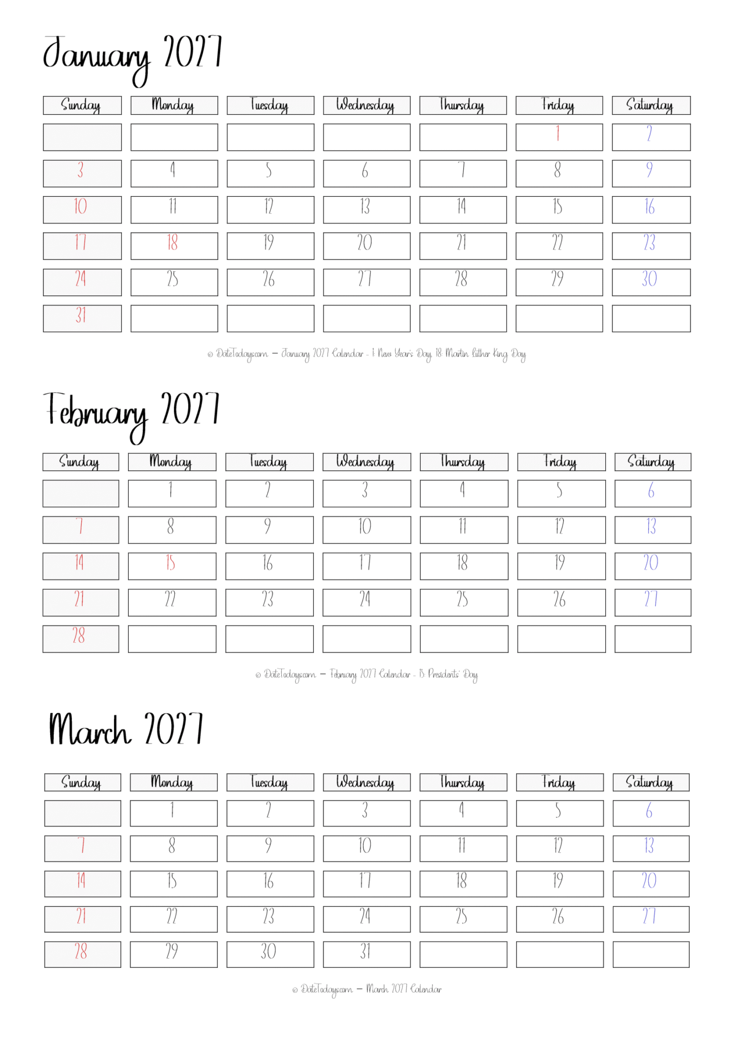 January February March 2027 Calendar Printable with Holidays