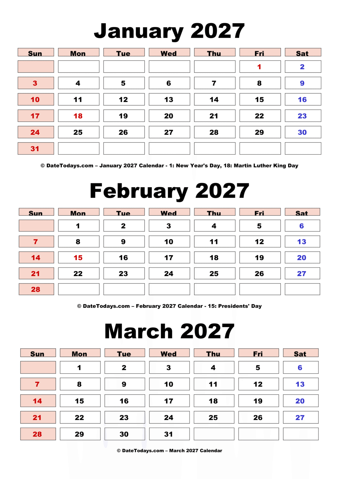 January February March 2027 Calendar Printable with Holidays