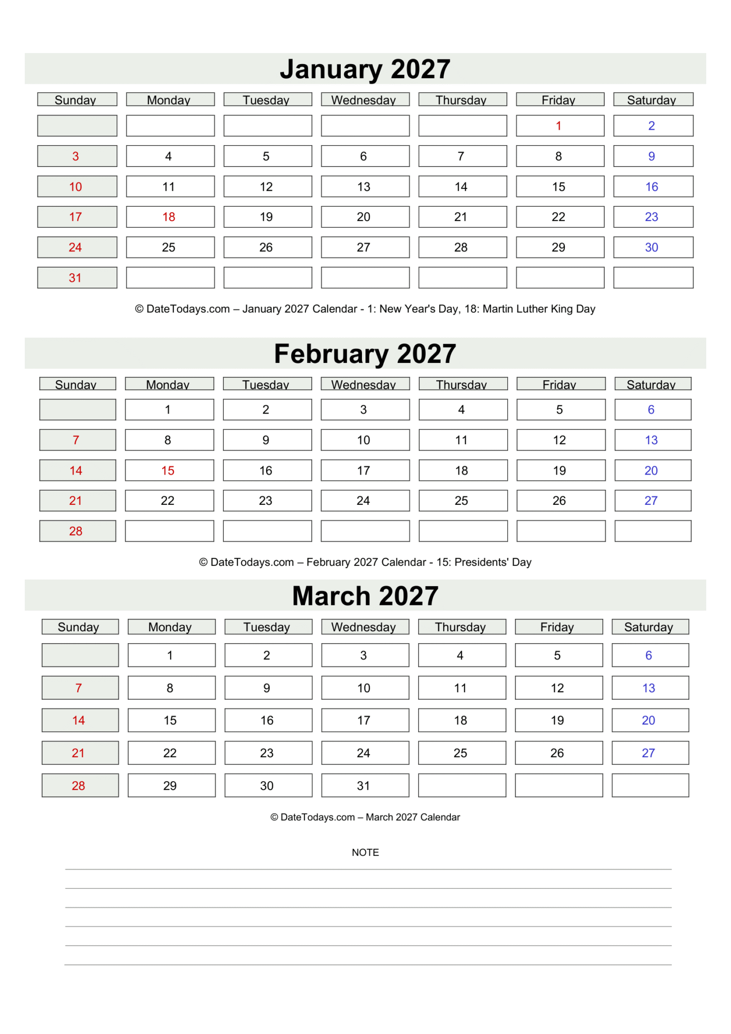 January February March 2027 Calendar Printable with Holidays