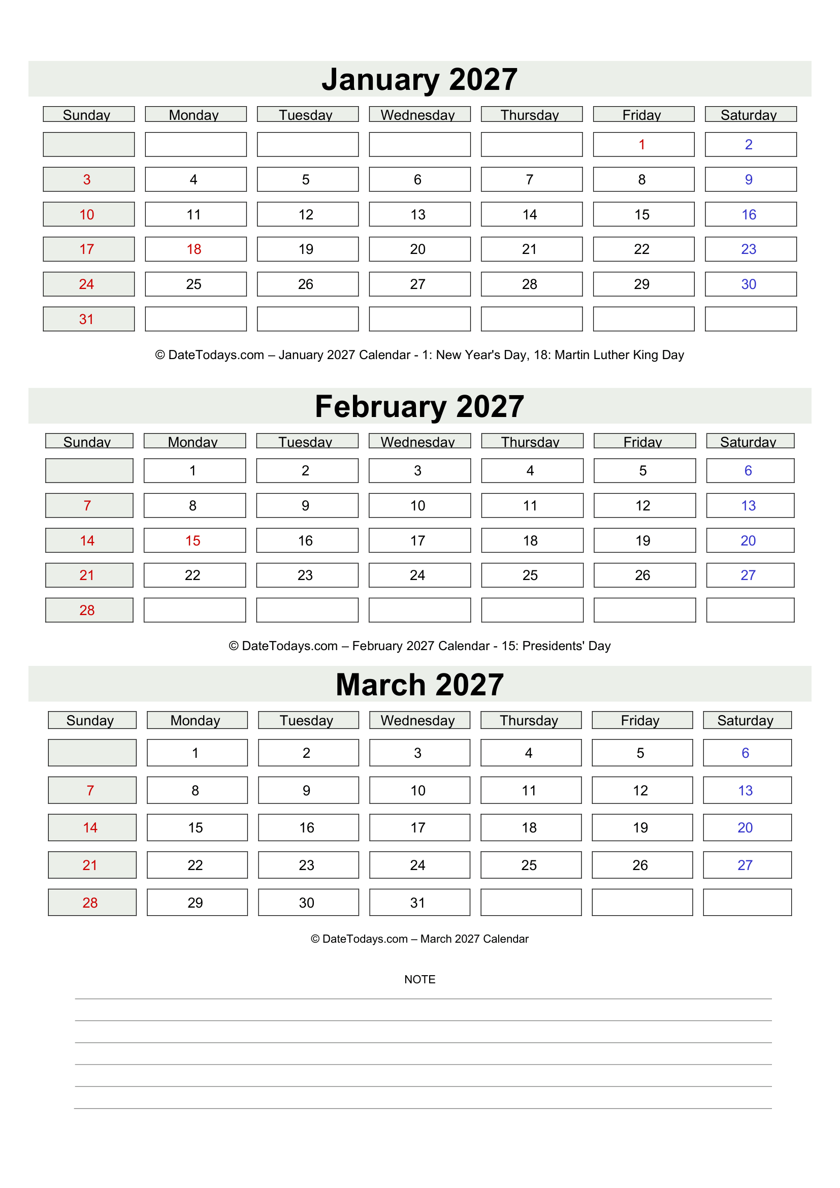 January February March 2027 Calendar with Notes