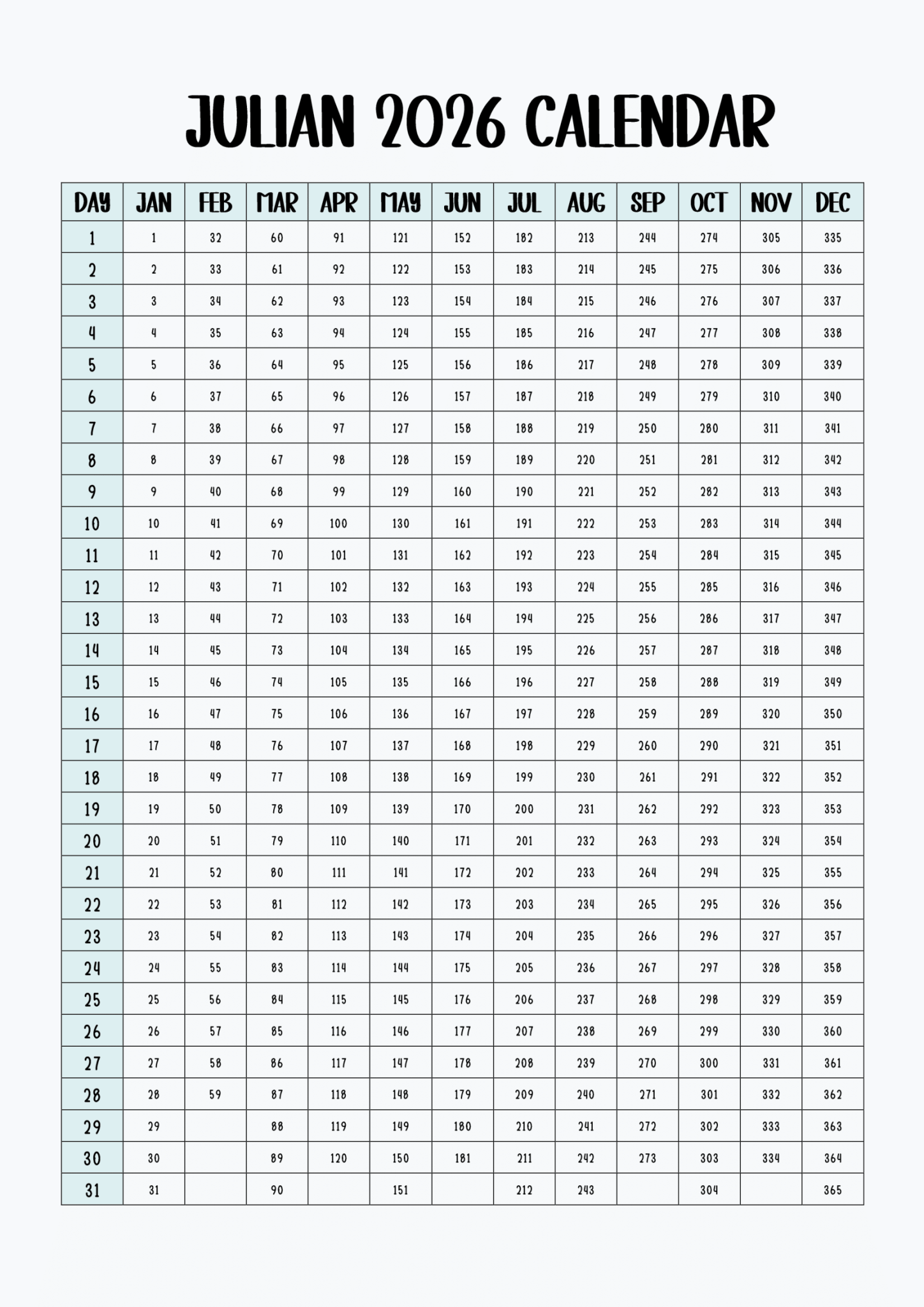 Printable Julian Date Calendar 2026 Julian Date Today