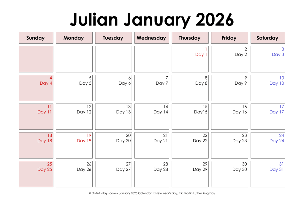 Printable Julian Date Calendar 2026 - Julian Date Today