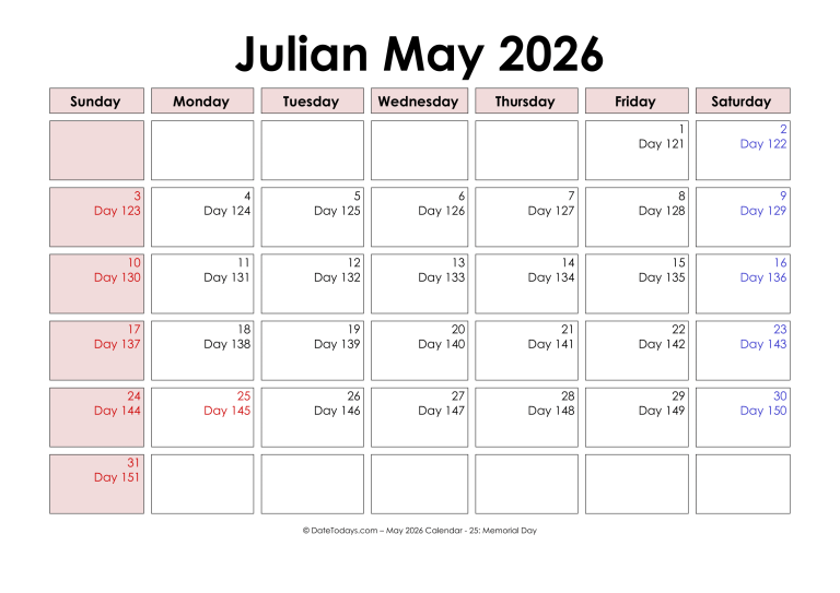 Printable Julian Date Calendar 2026 Julian Date Today