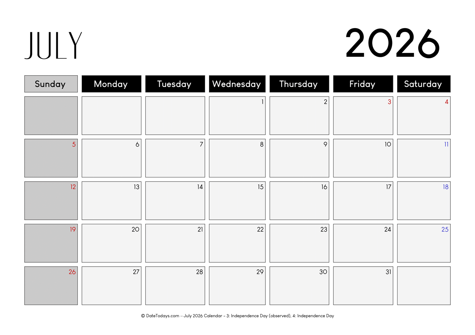 July 2026 Calendar Gray Color