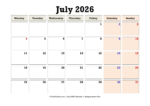 July 2026 Calendar Monday Start