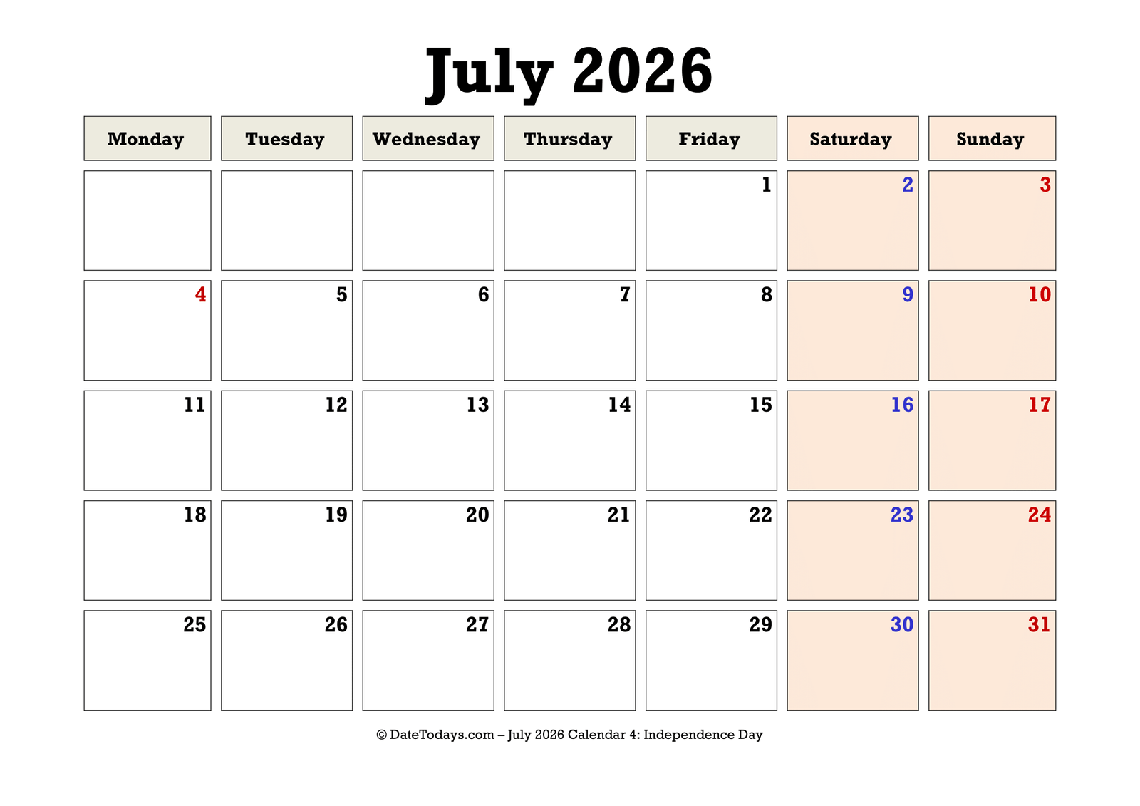 July 2026 Calendar Monday Start