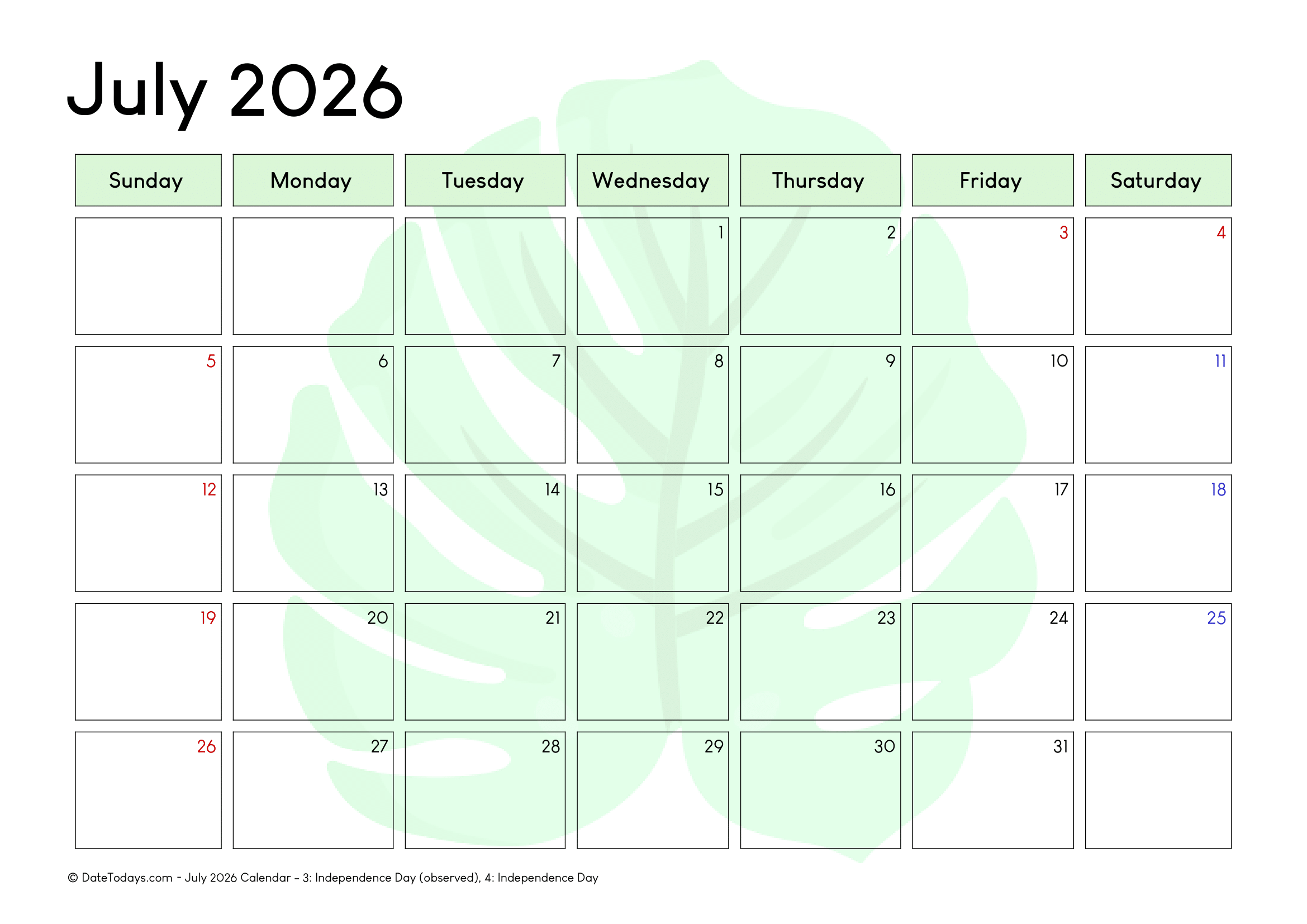 July 2026 Calendar With Holidays Printable PDF