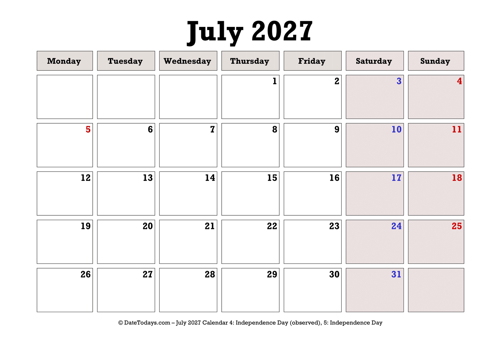 July 2027 Calendar Monday Start