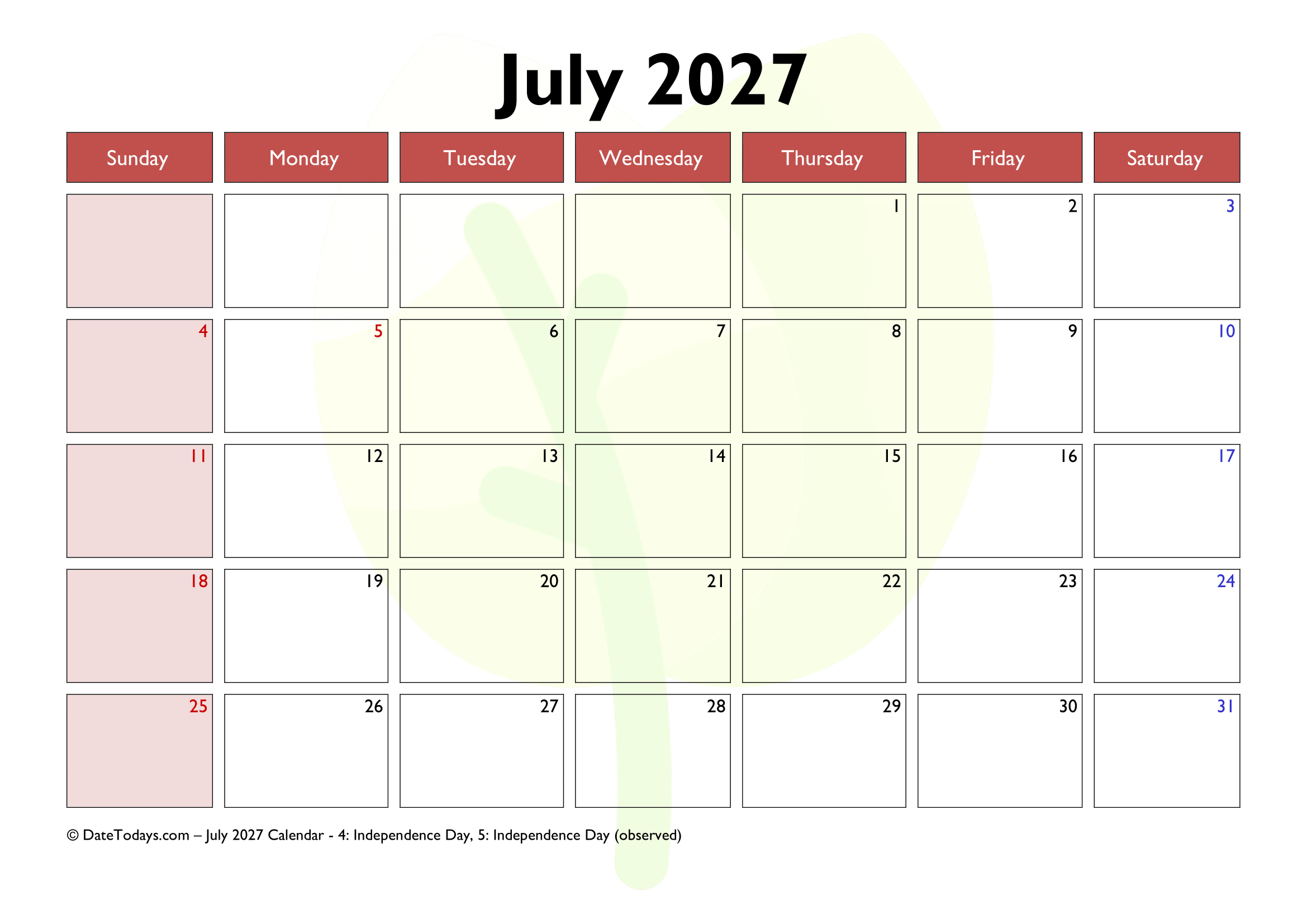July 2027 Calendar Printable PDF