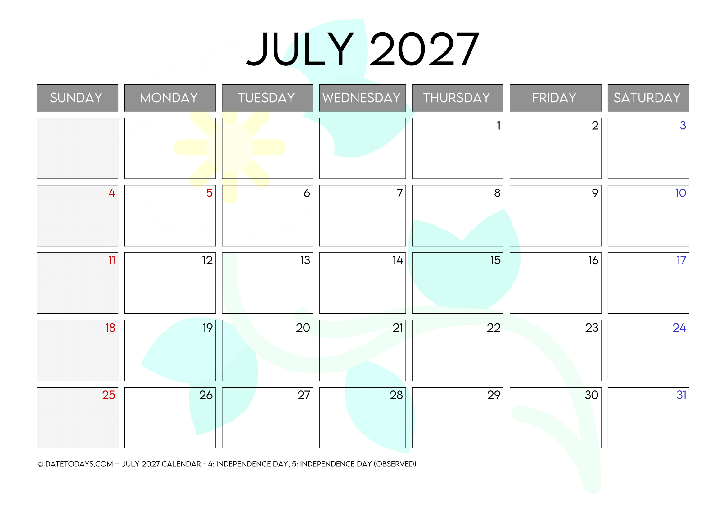 July 2027 Calendar Printable
