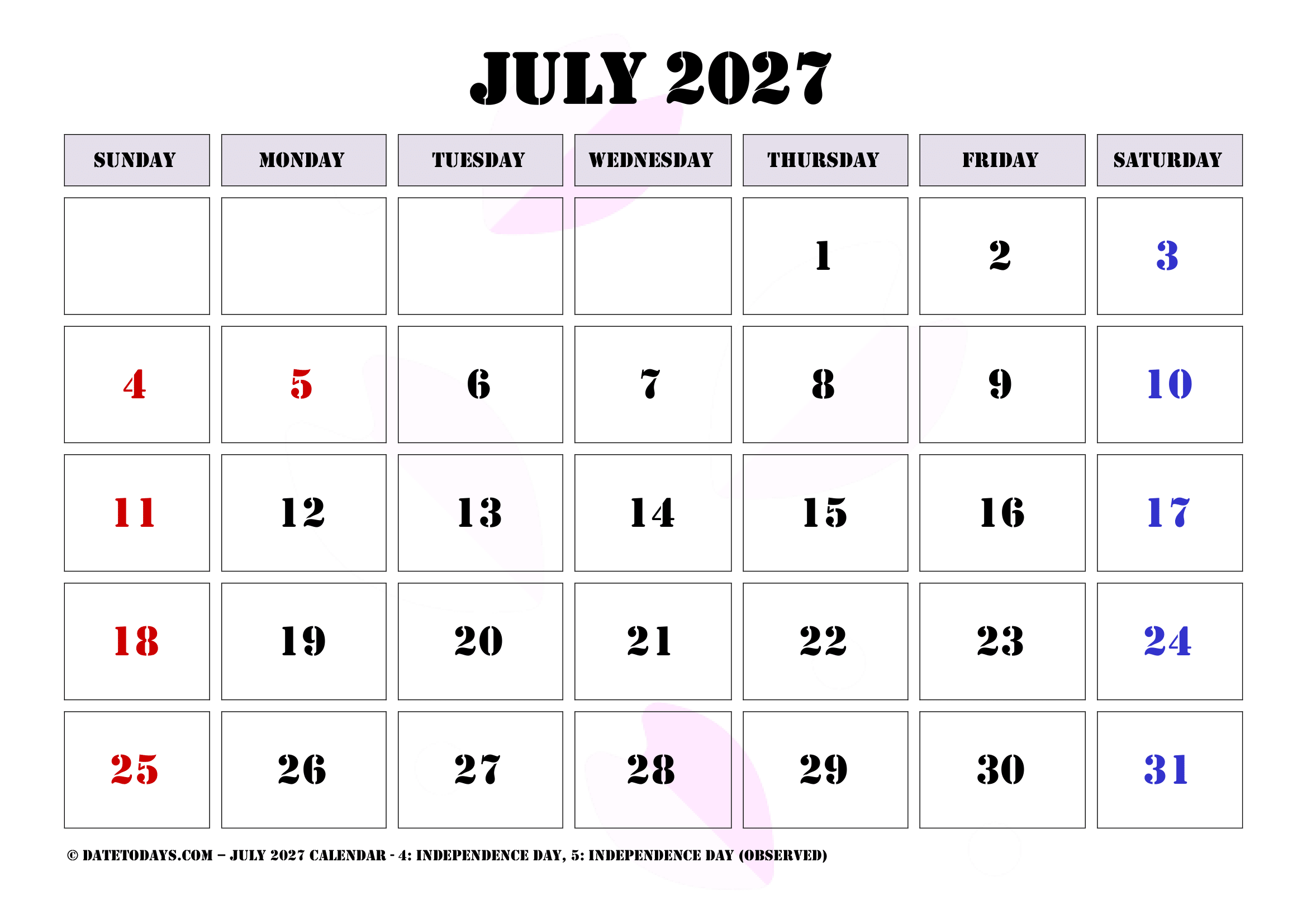 July 2027 Calendar with Holidays