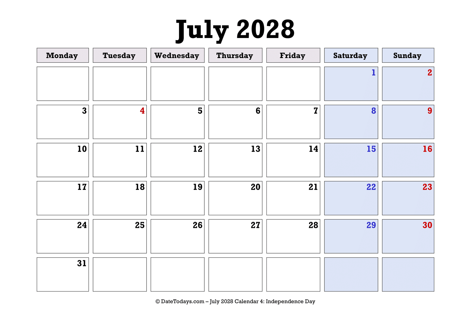 July 2028 Calendar Monday Start
