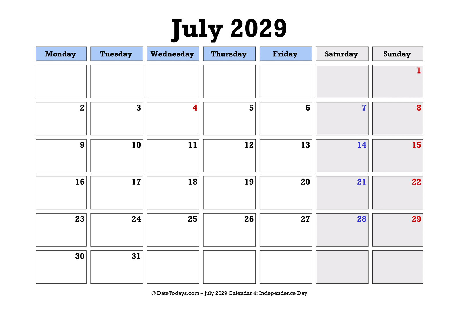 July 2029 Calendar Monday Start