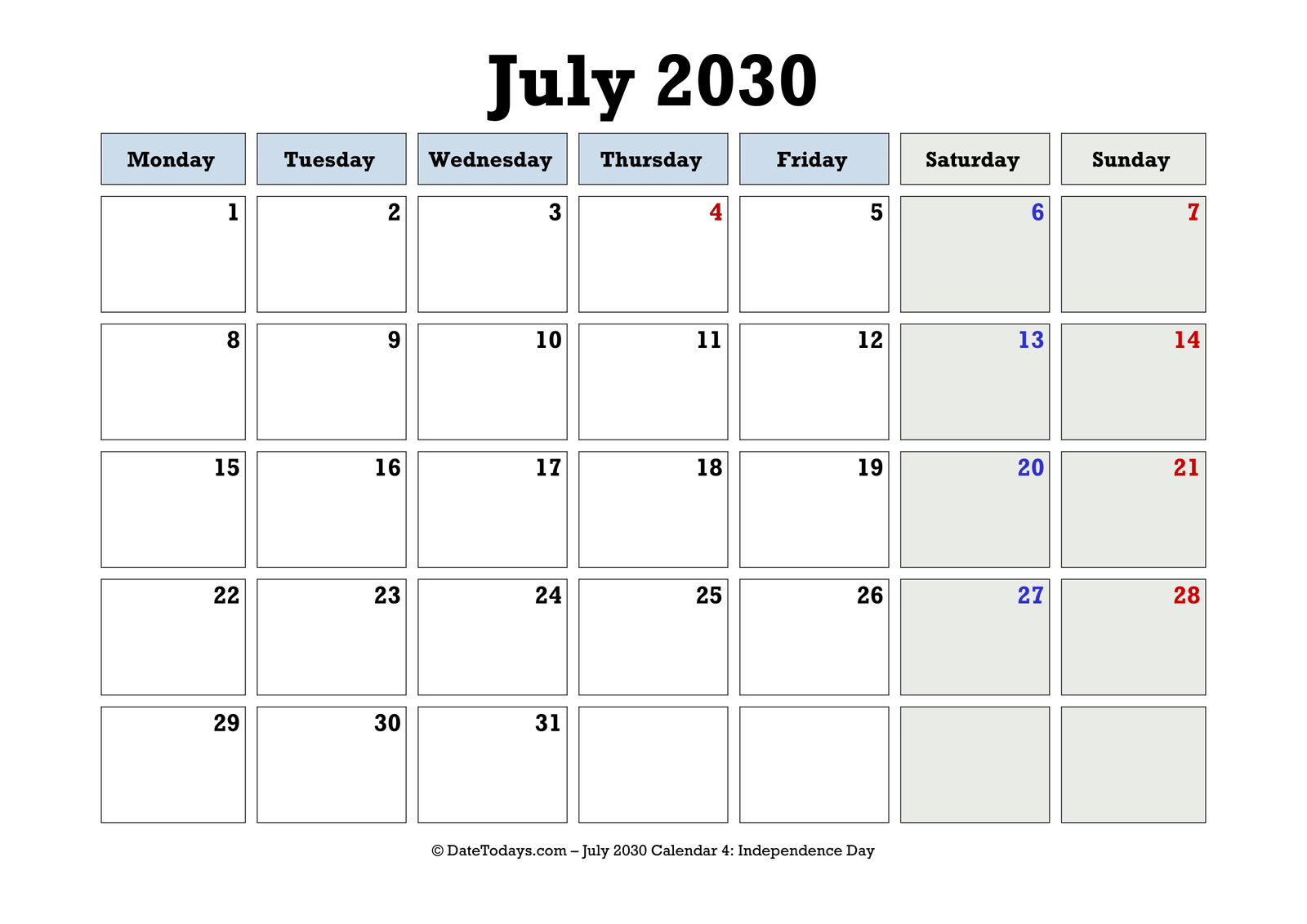 July 2030 Calendar Monday Start