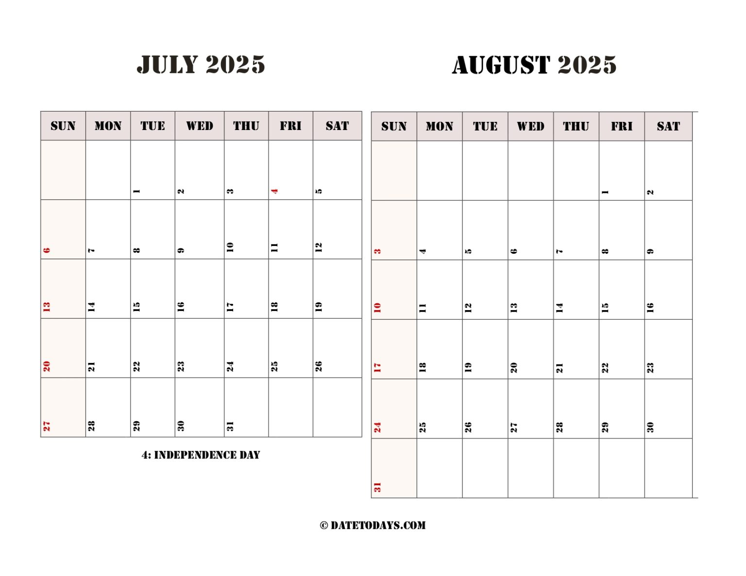 July August 2025 Calendars (2 Months Printable PDF)